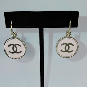 Auth CHANEL Gold & Pink CC Coco Camelia Dangle Drop Hoop Pierced Earrings EUC!